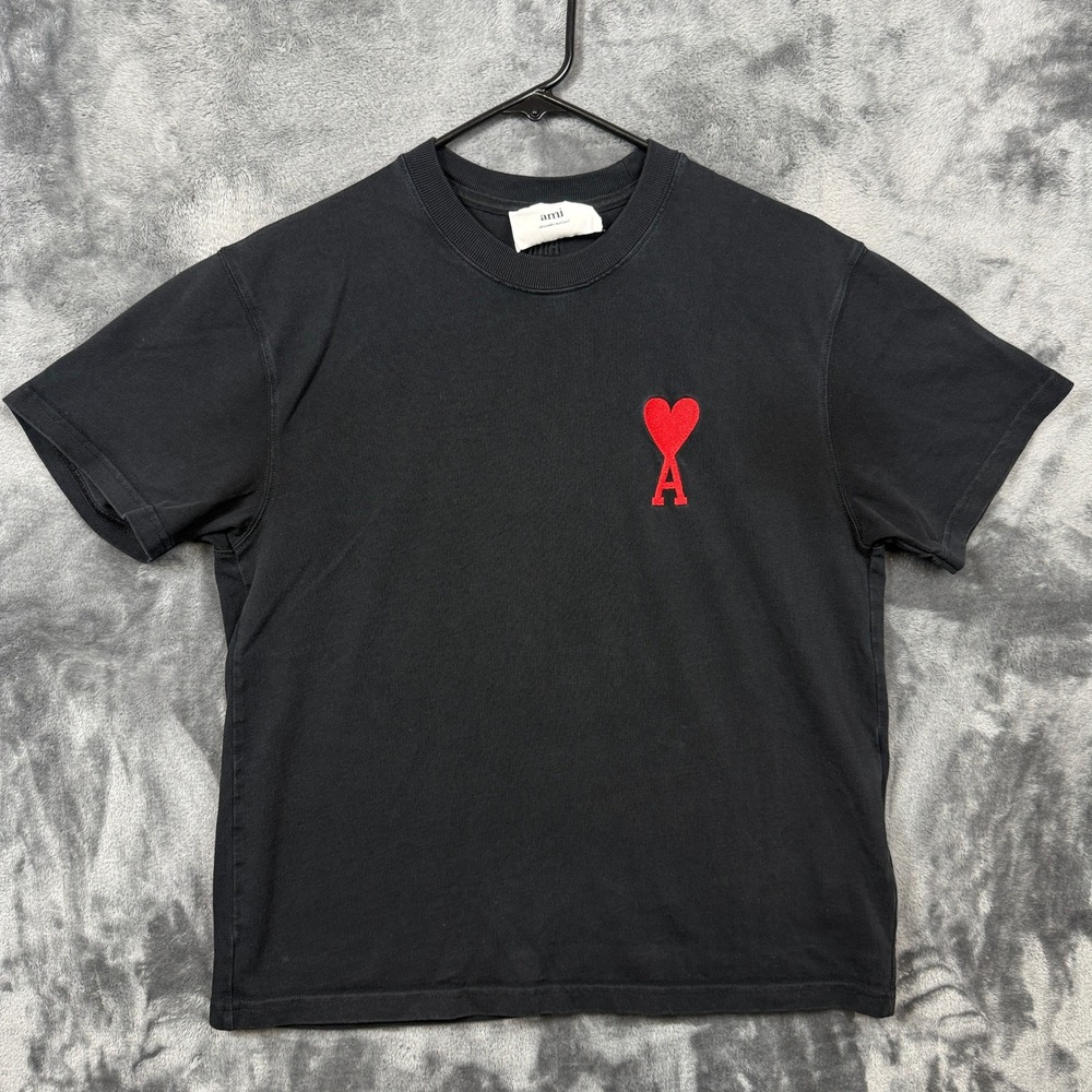Ami Paris T-Shirt Mens Medium Black Ami de Coeur Heart Logo Short Sleeve Tee